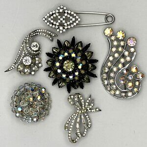 Vintage Rhinestone Brooch Lot of 6 Sparking Silver Tone Pins Wear or Resell